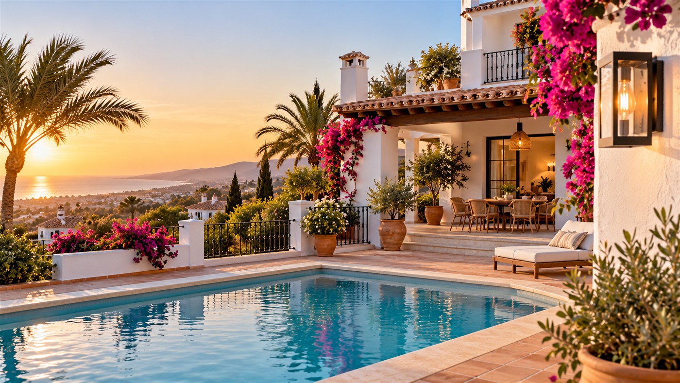 Casa mediterránea con jardín, piscina e iluminación exterior